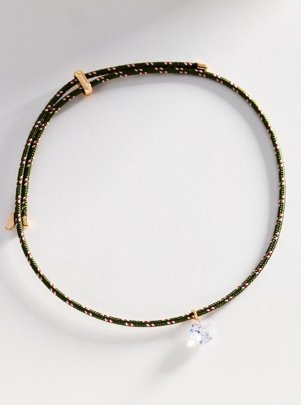 Anthropologie Cord Pendant Necklace Adjustable 14kt Gold Plated CZ New Green